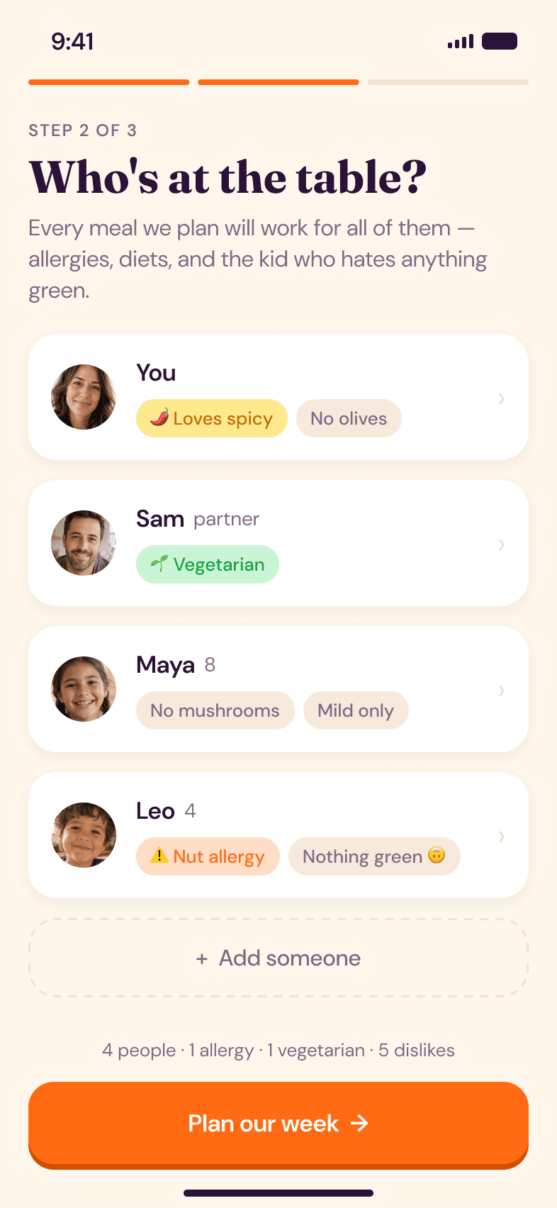 Household setup screen listing four family members with their allergies and dislikes