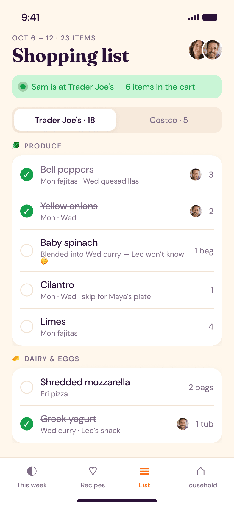 Shared shopping list sorted by aisle, with items checked off by a partner